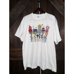 Vintage Sz XL 1995 Vicki Melhart Birdhouse Alore Graphic T-Shirt White Made USA